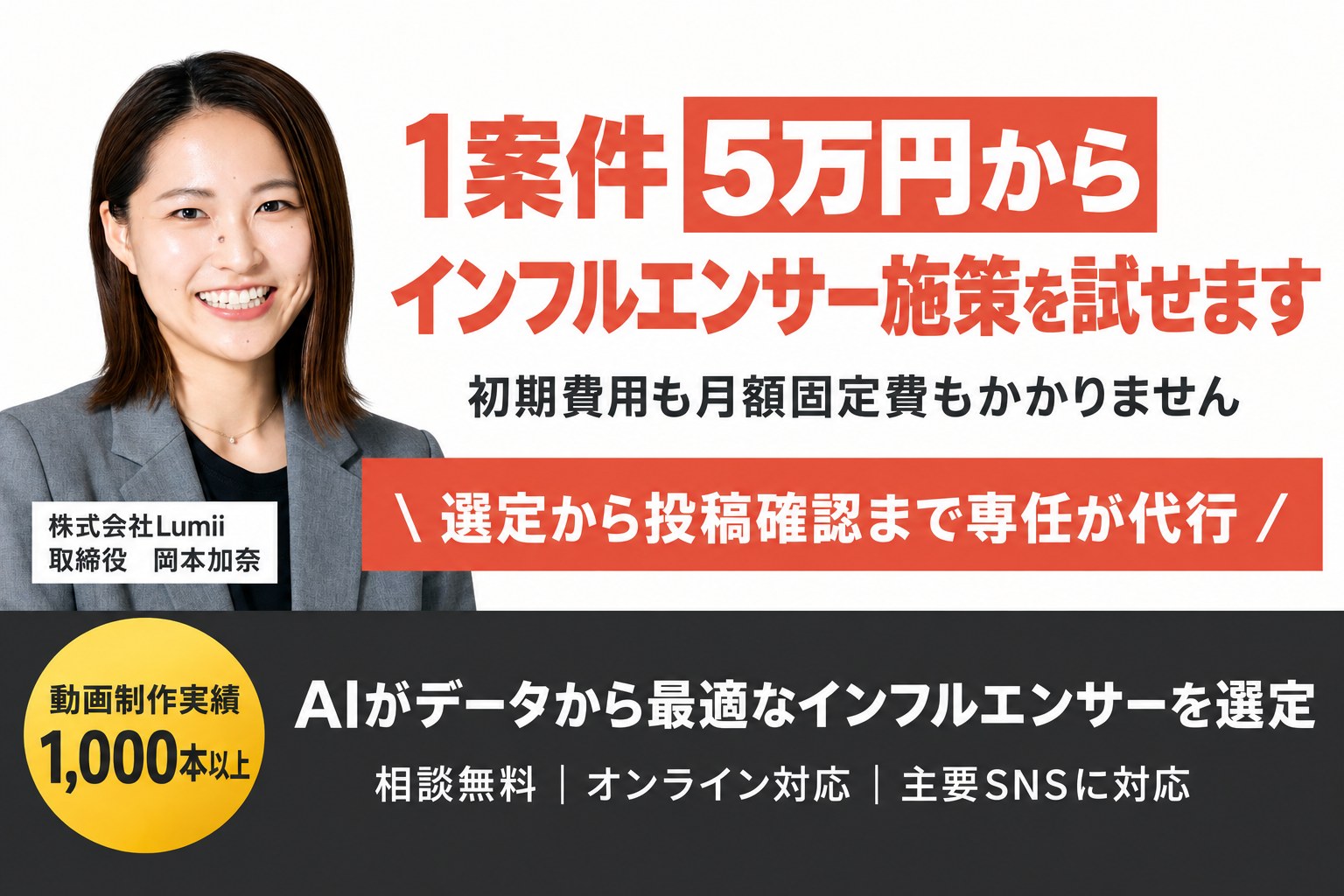 1案件5万円からインフルエンサー施策を試せます。初期費用も月額固定費もかかりません