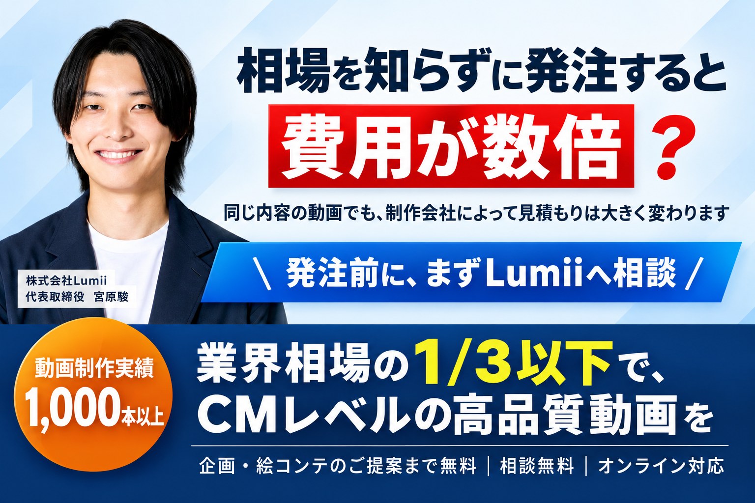 相場を知らずに発注すると費用が数倍？ 発注前に、まずLumiiへ相談。動画制作実績1,000本以上